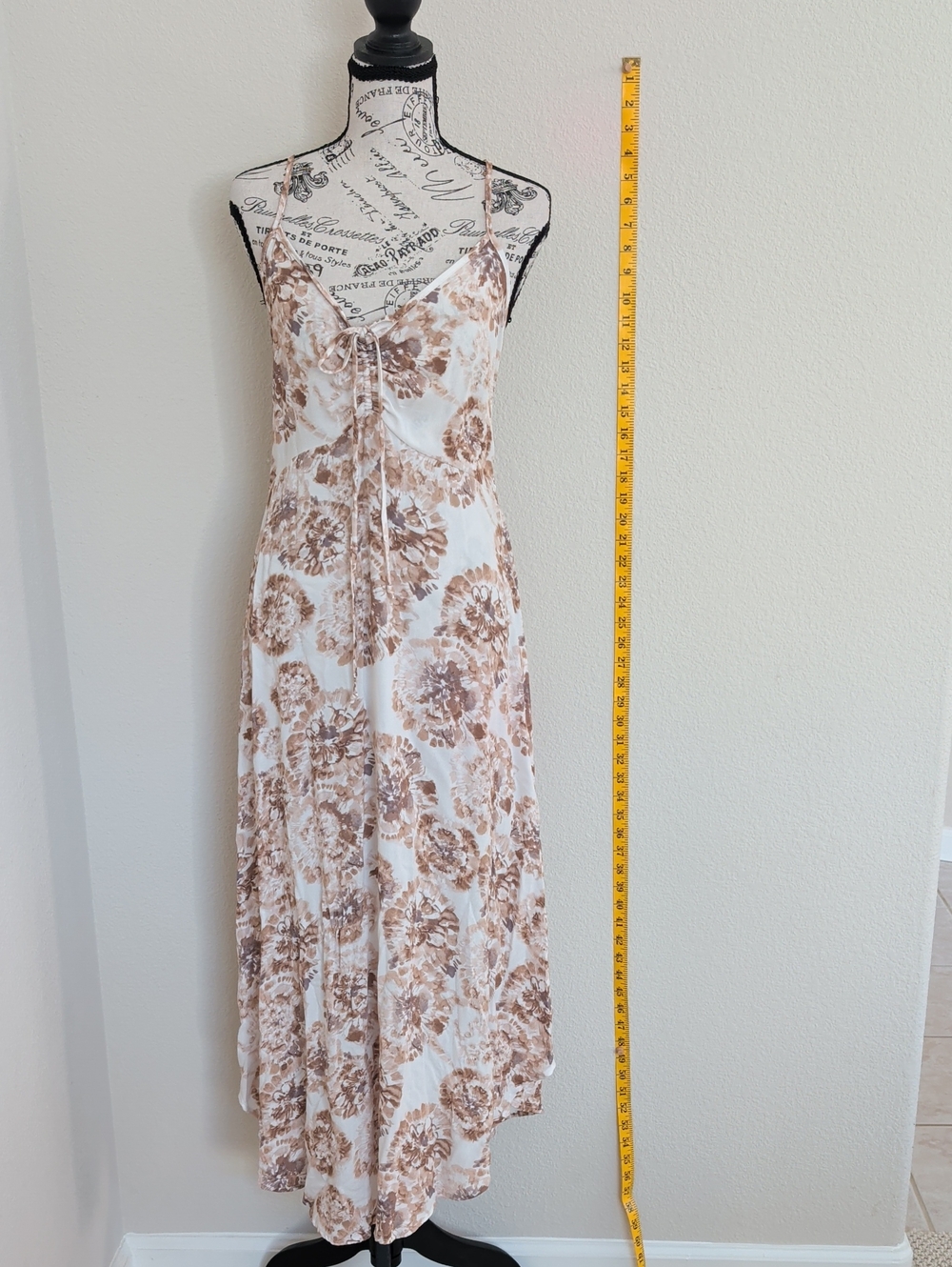 White Maxi Dress with Brown Floral Print and Tie-Front